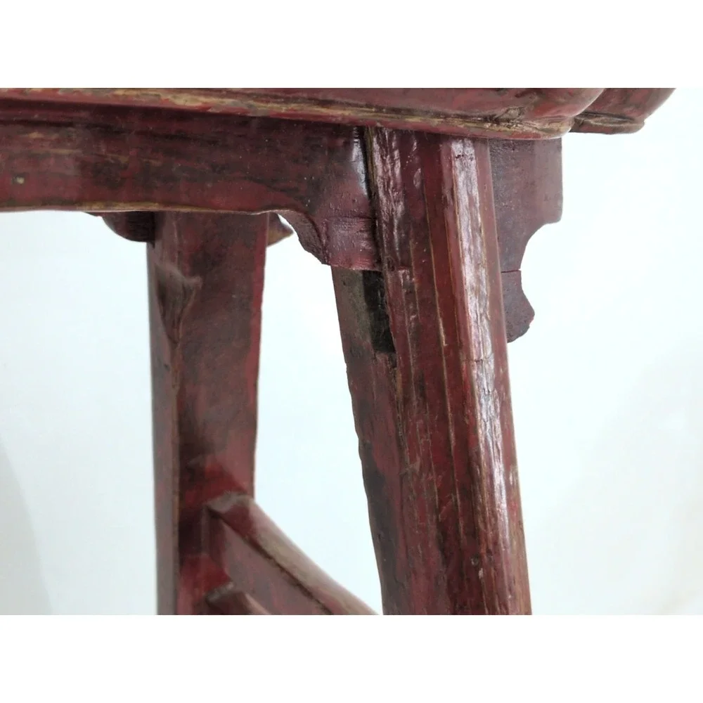Antique Chinese Elm Red Painted Stool Chair Primitive 1900 Mortise Tenon Bench